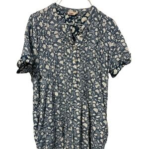 Faherty Linen Blend Floral Pintuck Mini Dress Navy White Small Short Sleeve